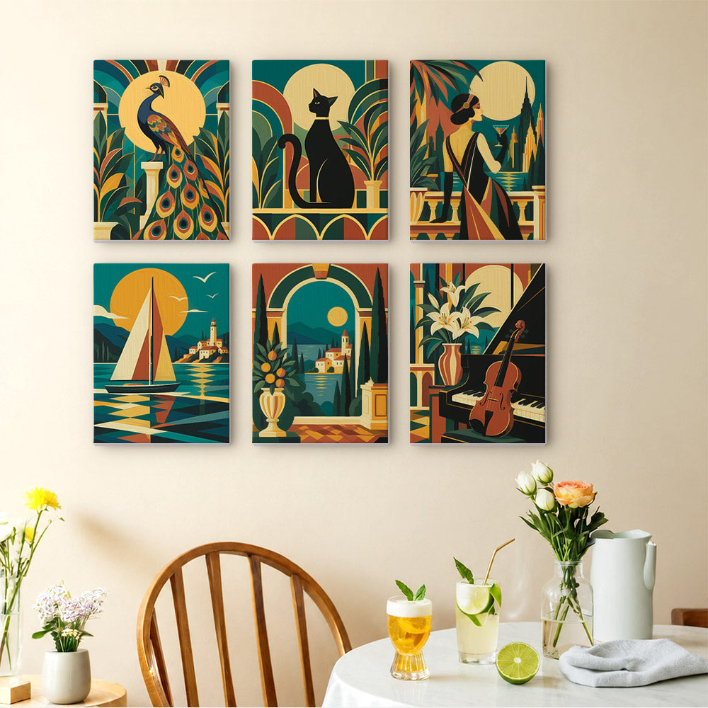 Art Deco Elegance mini paintings displayed as a gallery wall in a sunny kitchen