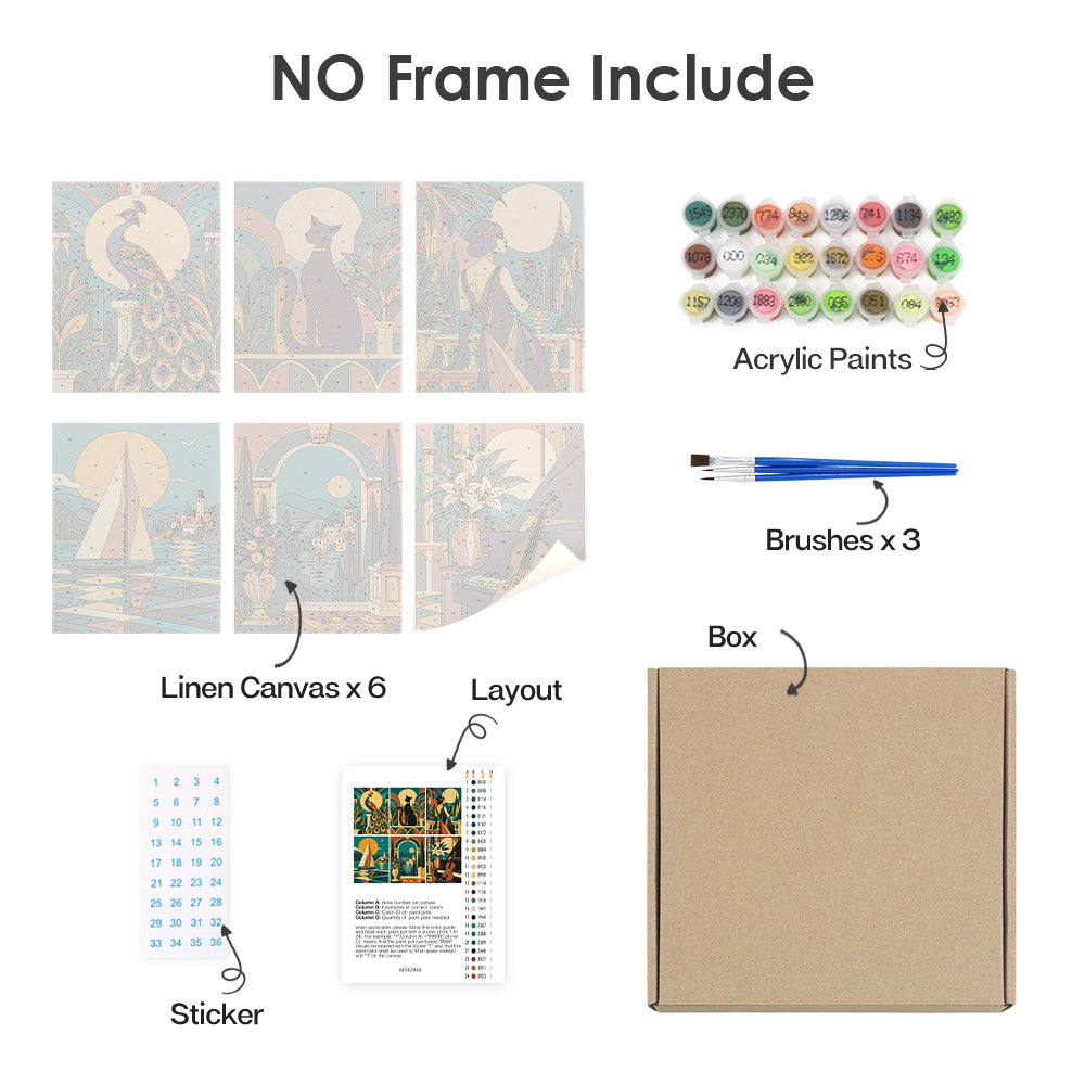 What's included without a frame: six rolled Art Deco Elegance mini canvases, acrylic paints, three brushes and layout