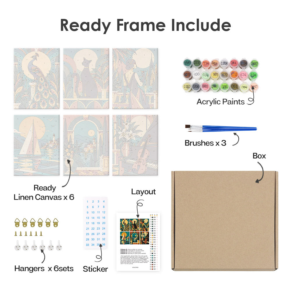 What's included pre-stretched on frame: six framed Art Deco Elegance mini canvases, paints, three brushes, hangers and layout