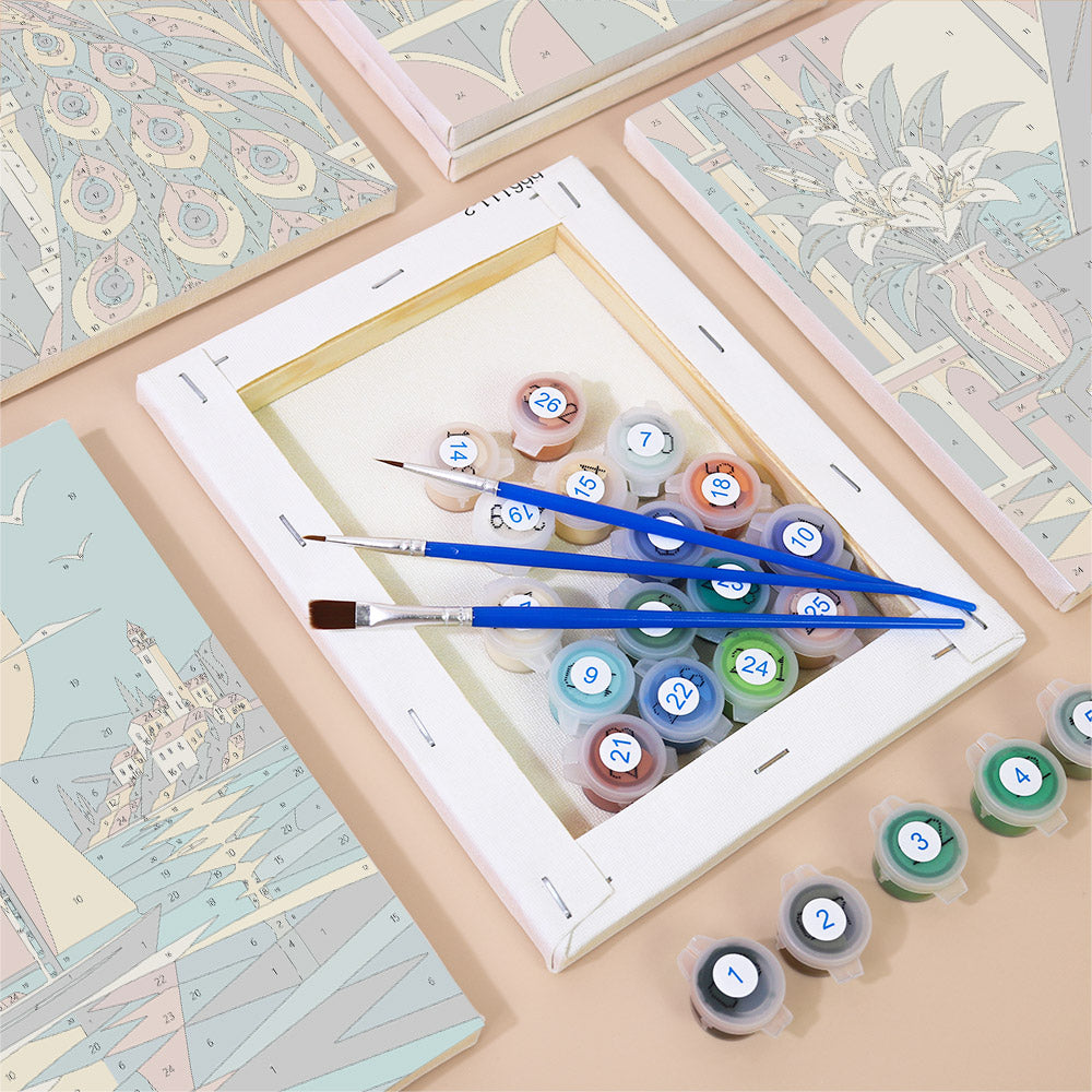 Numbered paint pots and brushes on a pre-stretched Art Deco Elegance mini canvas