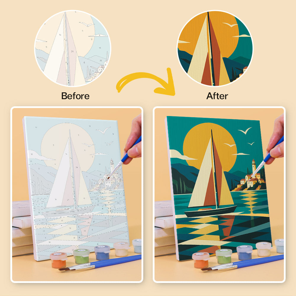Before and after of an Art Deco Elegance mini paint by numbers canvas