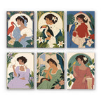 Art Nouveau Muses mini paint by numbers set: six vintage portraits of women with an ibis, toucan, macaw and songbirds