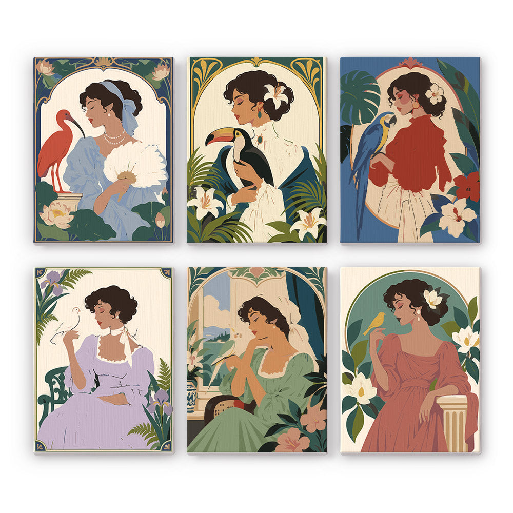 Art Nouveau Muses mini paint by numbers set: six vintage portraits of women with an ibis, toucan, macaw and songbirds
