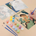 Filling in an Art Nouveau Muses mini canvas with numbered acrylic paints and a fine brush