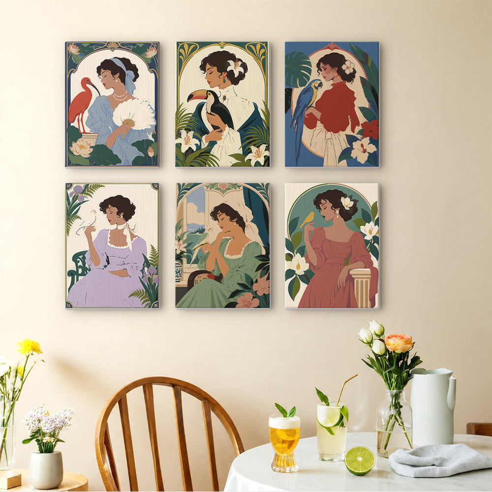 Art Nouveau Muses mini paintings displayed as a gallery wall in a sunny kitchen