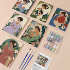Art Nouveau Muses mini paint by numbers kit with six numbered canvases, acrylic paints, brushes and layout