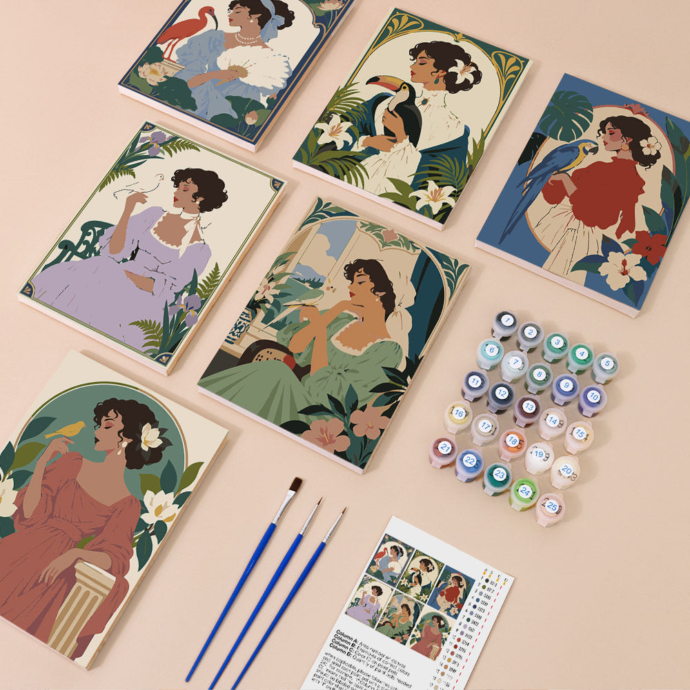 Art Nouveau Muses mini paint by numbers kit with six numbered canvases, acrylic paints, brushes and layout
