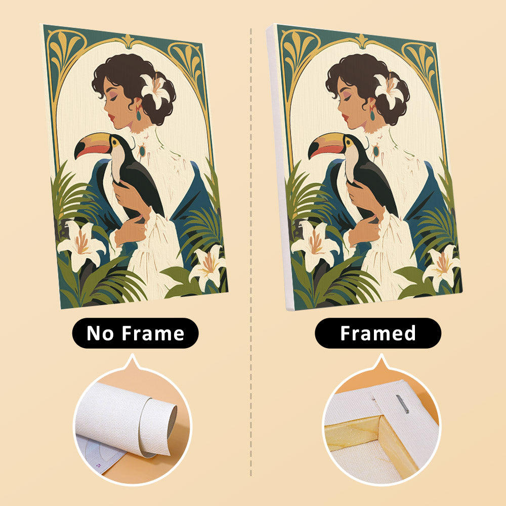 Art Nouveau Muses mini canvas shown rolled without a frame and pre-stretched on a frame
