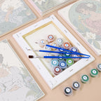 Numbered paint pots and brushes on a pre-stretched Art Nouveau Muses mini canvas