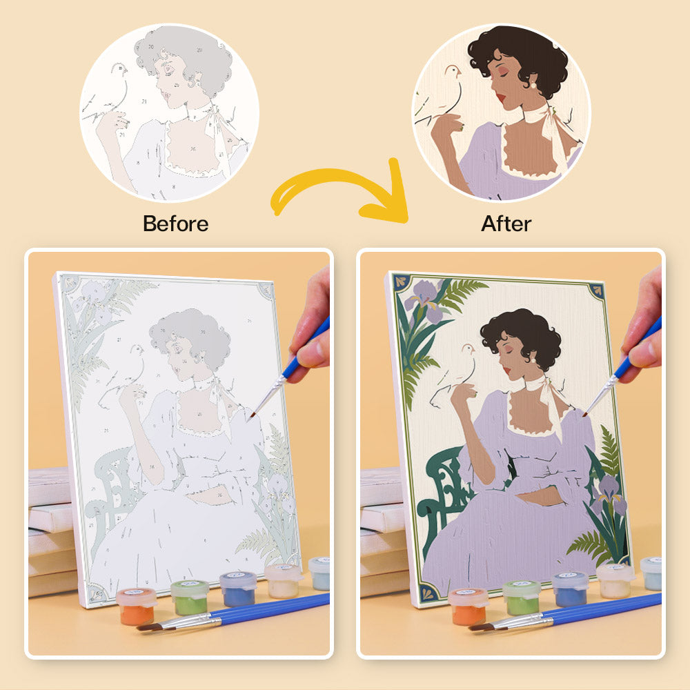 Before and after of an Art Nouveau Muses mini paint by numbers canvas
