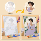 Before and after of an Art Nouveau Muses mini paint by numbers canvas