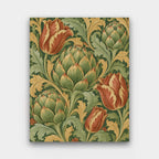 Artichokes and Tulips paint by numbers kit of a tapestry pattern of artichokes, red tulips and curling acanthus leaves