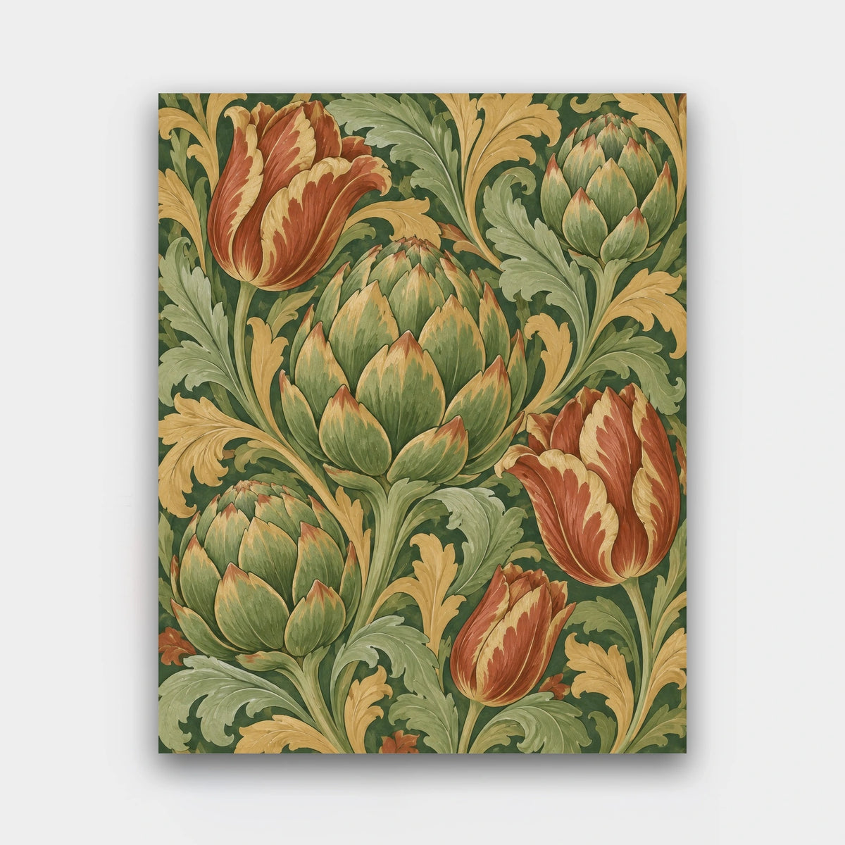 Artichokes and Tulips paint by numbers kit of a tapestry pattern of artichokes, red tulips and curling acanthus leaves
