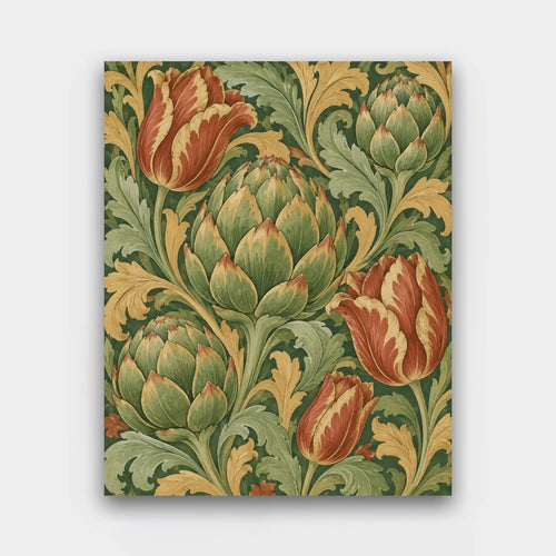 Artichokes and Tulips paint by numbers kit of a tapestry pattern of artichokes, red tulips and curling acanthus leaves
