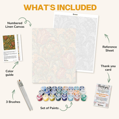 What's included in the Artichokes and Tulips paint by numbers kit: numbered linen canvas, reference sheet, color guide, 24 acrylic paints, 3 brushes and thank you card