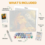 What's included in the Athena and the Owl paint by numbers kit: numbered linen canvas, reference sheet, color guide, 24 acrylic paints, 3 brushes and thank you card