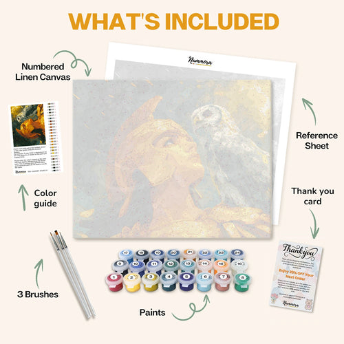 What's included in the Athena and the Owl paint by numbers kit: numbered linen canvas, reference sheet, color guide, 24 acrylic paints, 3 brushes and thank you card