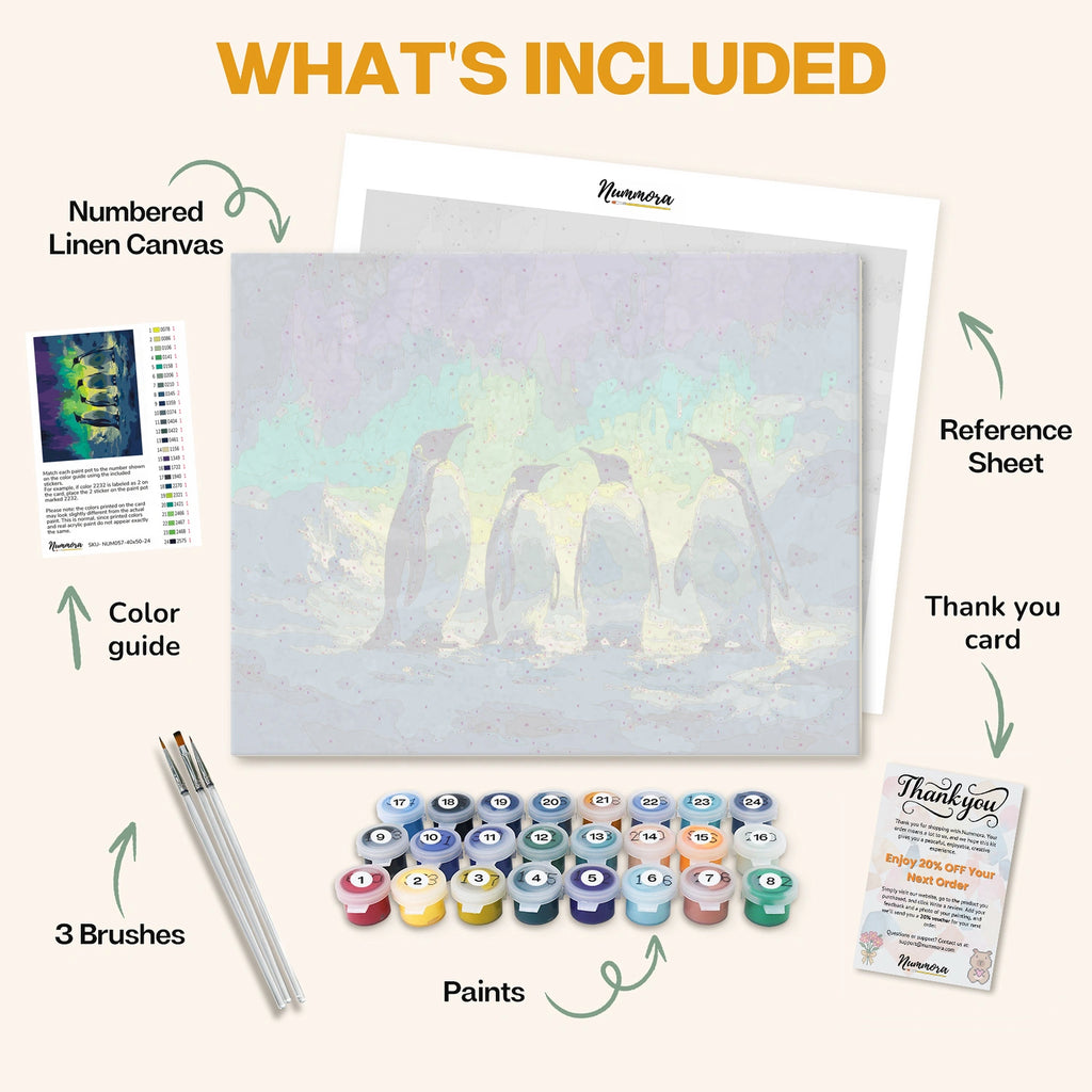 What's included in the Aurora Guardians paint by numbers kit: numbered linen canvas, reference sheet, color guide, 24 acrylic paints, 3 brushes and thank you card