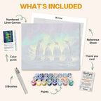 What's included in the Aurora Guardians paint by numbers kit: numbered linen canvas, reference sheet, color guide, 24 acrylic paints, 3 brushes and thank you card