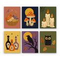 Autumn Apothecary mini paint by numbers set: six witchy autumn designs, including a candy basket, toadstools, candles, potion bottles, a crow and an owl