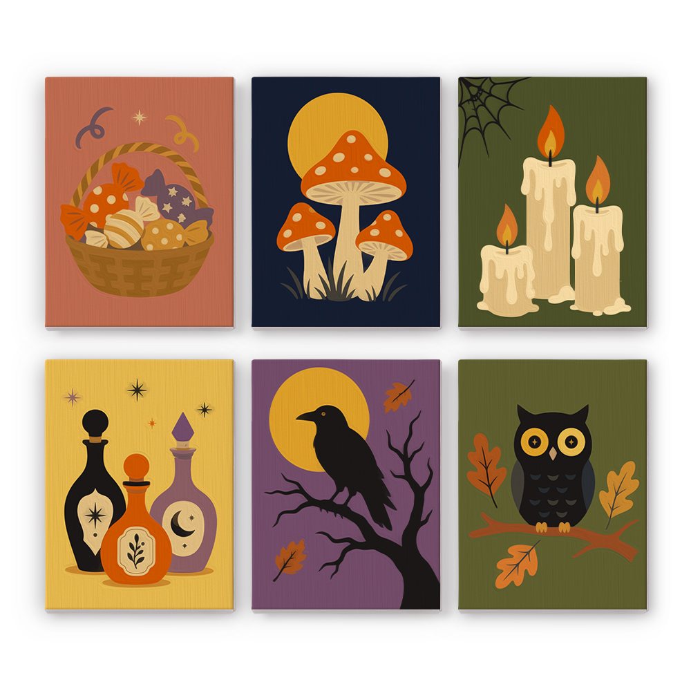 Autumn Apothecary mini paint by numbers set: six witchy autumn designs, including a candy basket, toadstools, candles, potion bottles, a crow and an owl