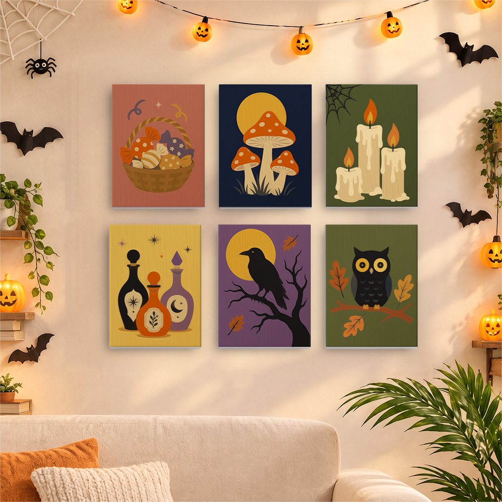 Six finished Autumn Apothecary mini paintings hung on a wall above a table