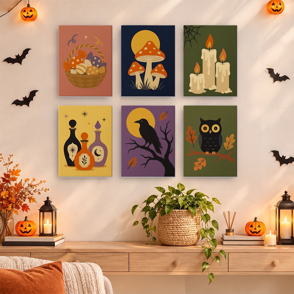 Autumn Apothecary mini paintings displayed as a gallery wall in a sunny kitchen