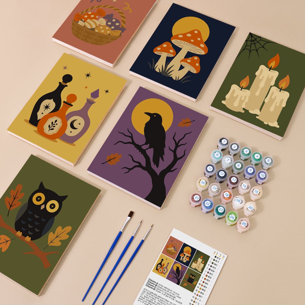 Autumn Apothecary mini paint by numbers kit with six numbered canvases, acrylic paints, brushes and layout