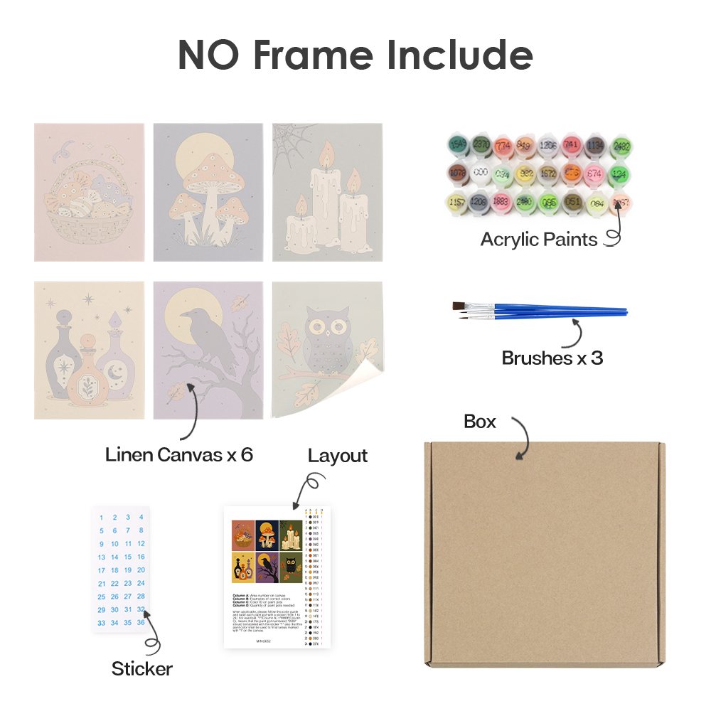 What's included without a frame: six rolled Autumn Apothecary mini canvases, acrylic paints, three brushes and layout
