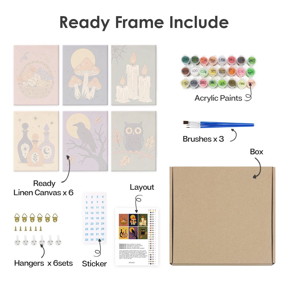 What's included pre-stretched on frame: six framed Autumn Apothecary mini canvases, paints, three brushes, hangers and layout