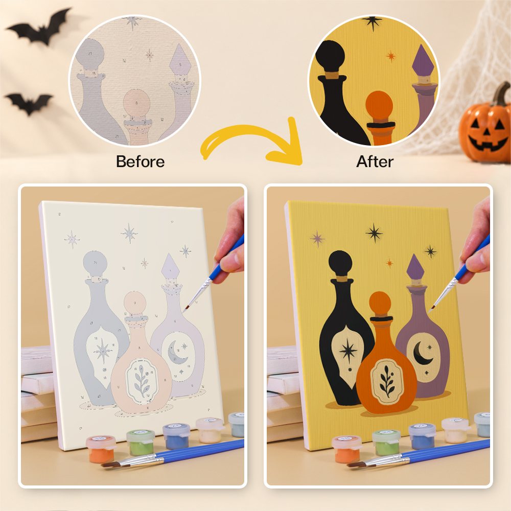Before and after of an Autumn Apothecary mini paint by numbers canvas