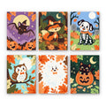Autumn Critter Costumes mini paint by numbers set: six cute autumn animals dressed for Halloween, including a bat, fox witch, skeleton puppy, owl, ghost and black cat