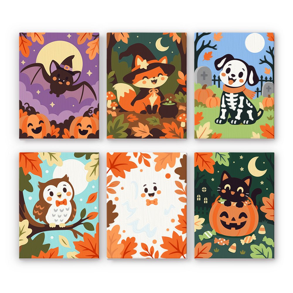 Autumn Critter Costumes mini paint by numbers set: six cute autumn animals dressed for Halloween, including a bat, fox witch, skeleton puppy, owl, ghost and black cat