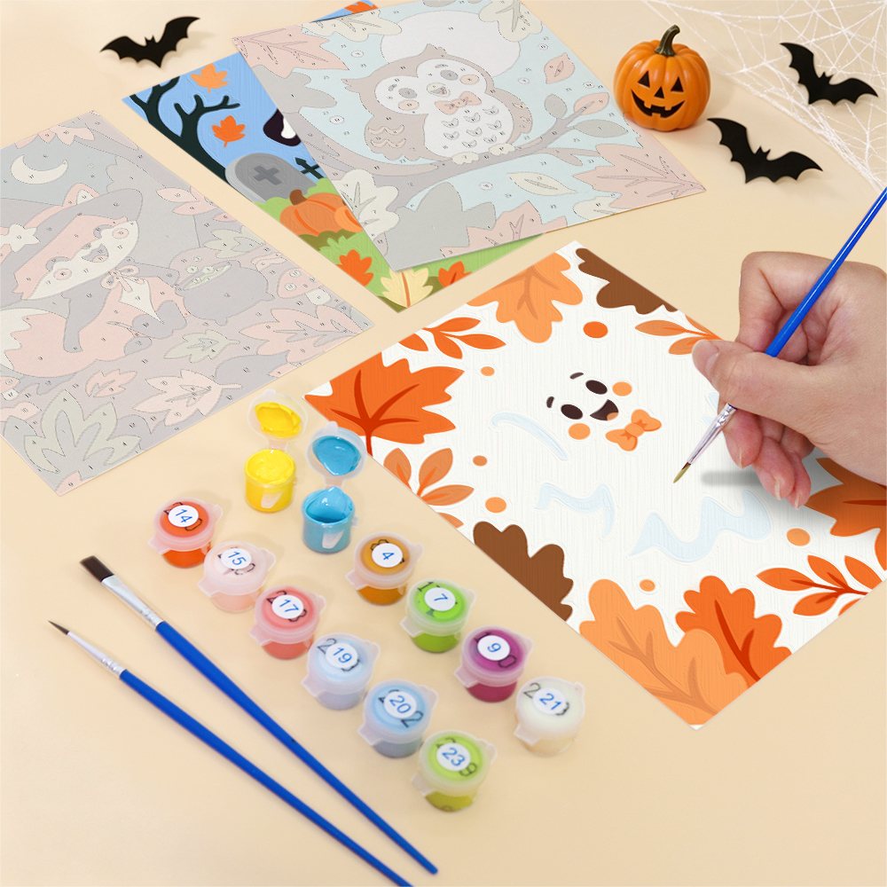 Filling in an Autumn Critter Costumes mini canvas with numbered acrylic paints and a fine brush