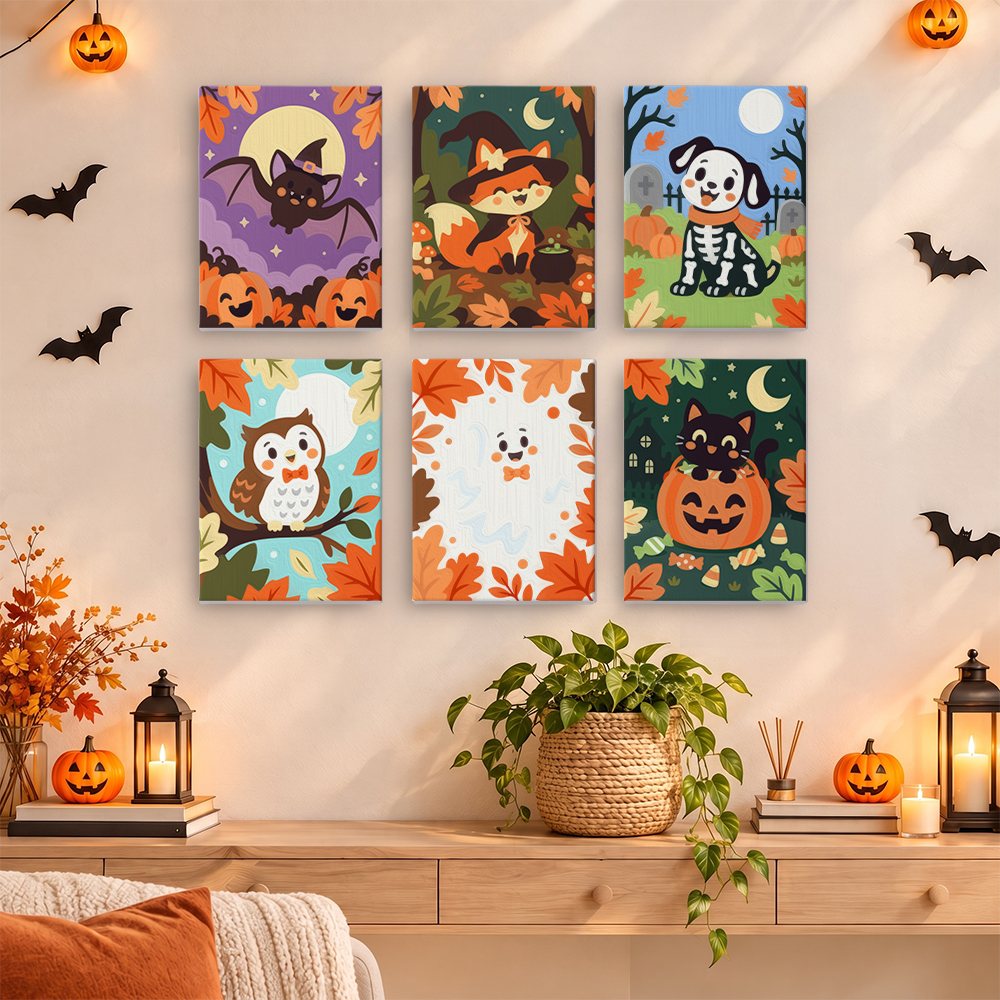 Autumn Critter Costumes mini paintings displayed as a gallery wall in a sunny kitchen
