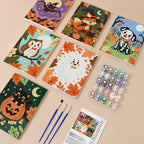 Autumn Critter Costumes mini paint by numbers kit with six numbered canvases, acrylic paints, brushes and layout