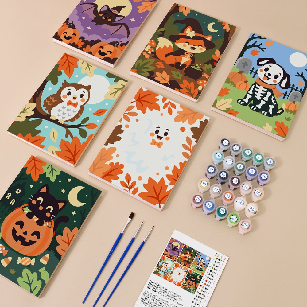 Autumn Critter Costumes mini paint by numbers kit with six numbered canvases, acrylic paints, brushes and layout