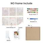What's included without a frame: six rolled Autumn Critter Costumes mini canvases, acrylic paints, three brushes and layout