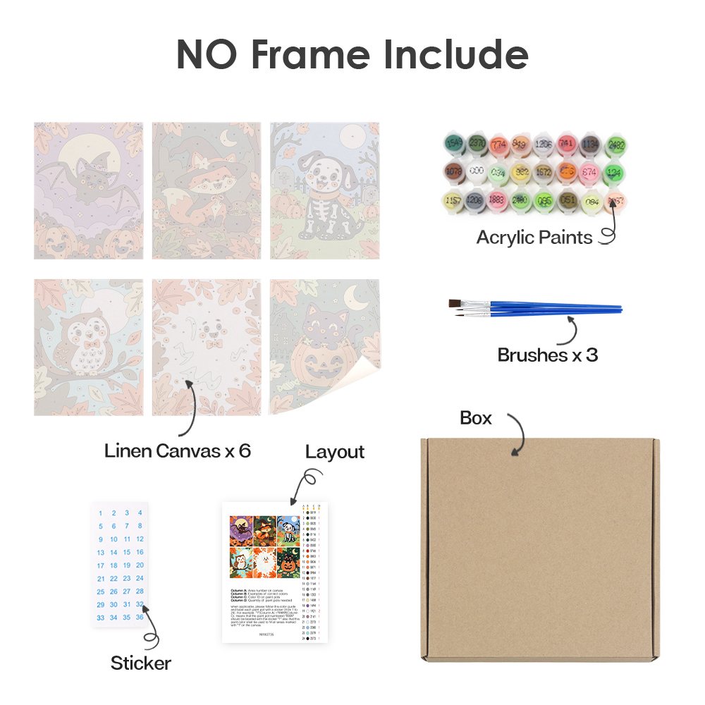 What's included without a frame: six rolled Autumn Critter Costumes mini canvases, acrylic paints, three brushes and layout