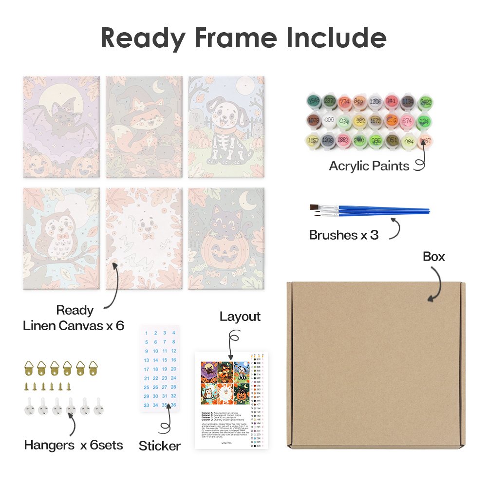 What's included pre-stretched on frame: six framed Autumn Critter Costumes mini canvases, paints, three brushes, hangers and layout