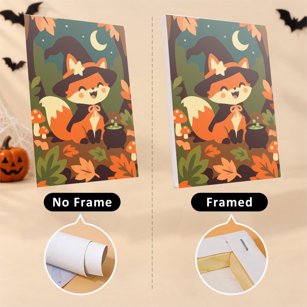 Autumn Critter Costumes mini canvas shown rolled without a frame and pre-stretched on a frame