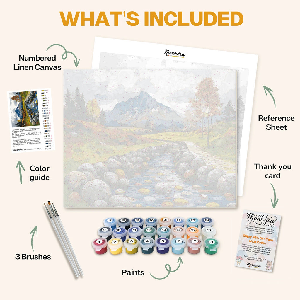 What's included in the Autumn in the Highlands paint by numbers kit: numbered linen canvas, reference sheet, color guide, 24 acrylic paints, 3 brushes and thank you card
