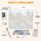What's included in the Autumn in the Highlands paint by numbers kit: numbered linen canvas, reference sheet, color guide, 24 acrylic paints, 3 brushes and thank you card