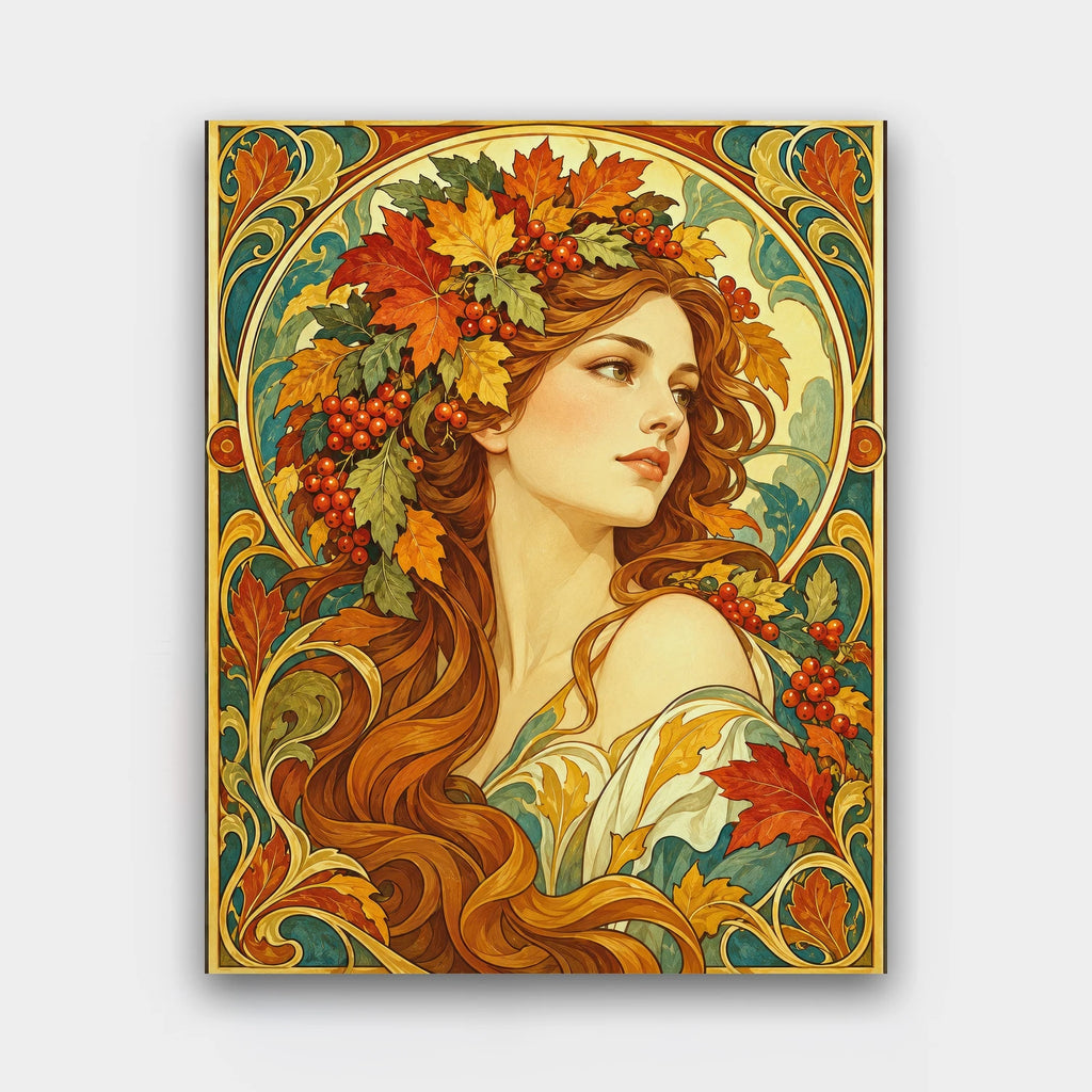 Autumn Muse paint by numbers kit of a woman with autumn leaves and berries in flowing red hair within an Art Nouveau frame