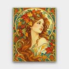 Autumn Muse paint by numbers kit of a woman with autumn leaves and berries in flowing red hair within an Art Nouveau frame