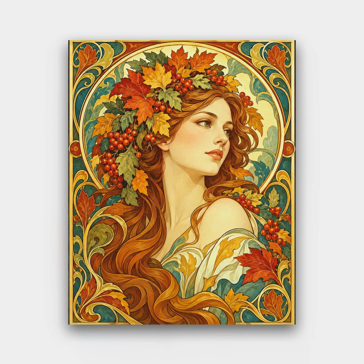 Autumn Muse paint by numbers kit of a woman with autumn leaves and berries in flowing red hair within an Art Nouveau frame