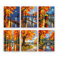 Autumn Rain Promenade mini paint by numbers set: six rainy autumn scenes of lamplit riverside paths, a couple and a bridge