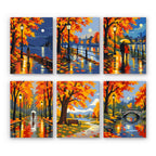Autumn Rain Promenade mini paint by numbers set: six rainy autumn scenes of lamplit riverside paths, a couple and a bridge