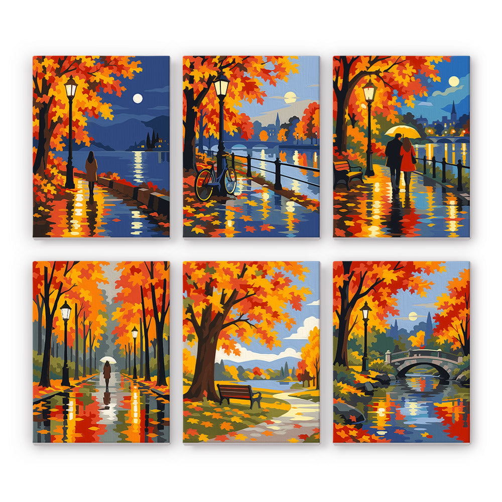 Autumn Rain Promenade mini paint by numbers set: six rainy autumn scenes of lamplit riverside paths, a couple and a bridge