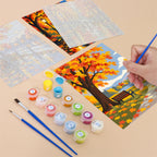 Filling in an Autumn Rain Promenade mini canvas with numbered acrylic paints and a fine brush